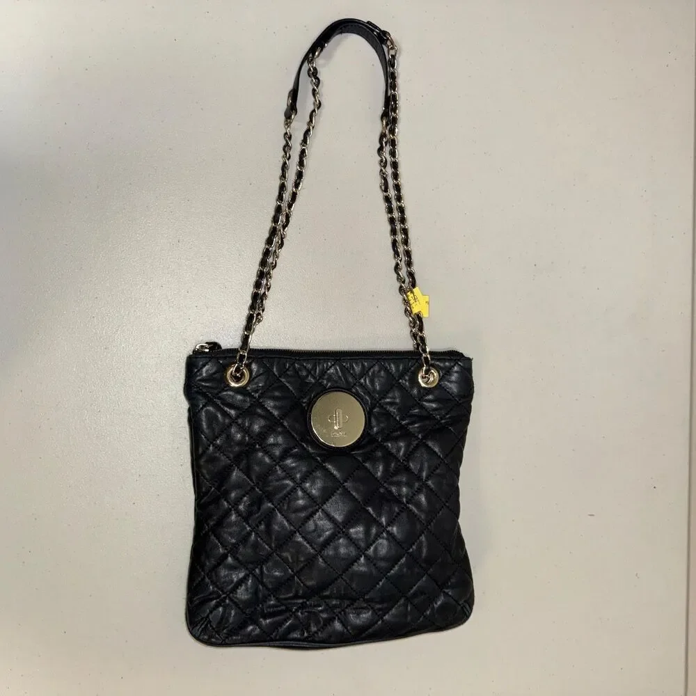 DKNY Leather Black Shoulder Bag Quilted Gold Purse Carryall Business Pocketbook